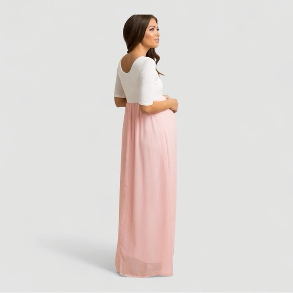 PinkBlush Light Pink Chiffon Colorblock Maternity Maxi Dress l Petite Small - Picture 3 of 4